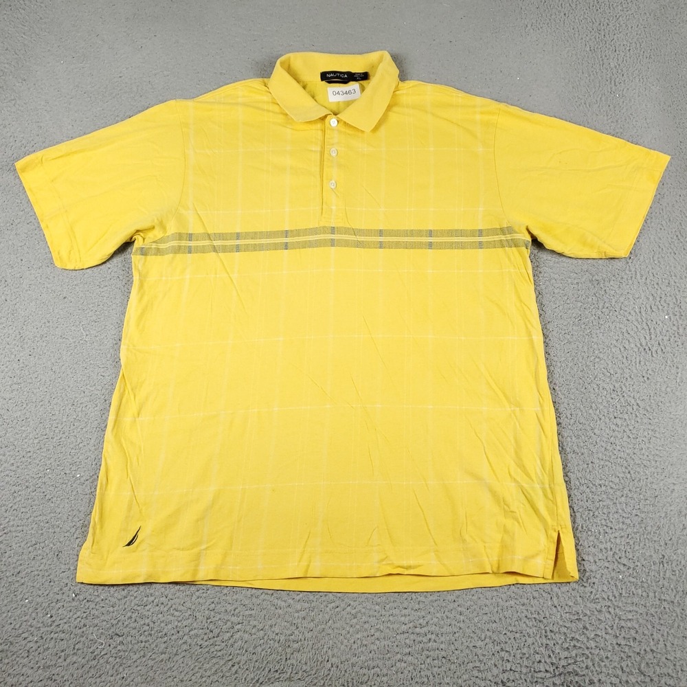 Nautica Polo Shirt Mens XL Yellow Check Casual Short Sleeve Cotton Blend Logo
